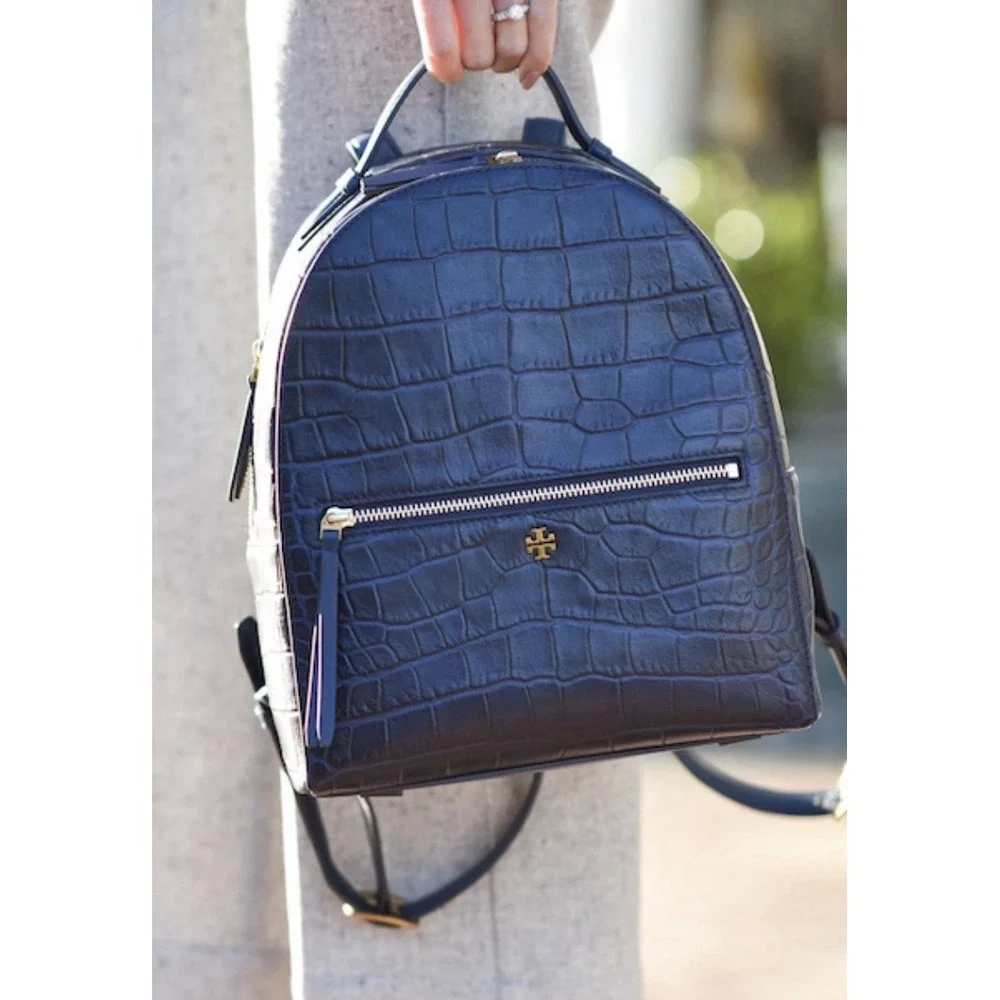 Tory Burch Navy Blue Croc Embossed Leather Backpack City Shoulder Bag Old Money
